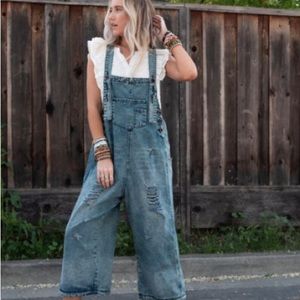 Easel Distressed Blue Denim High Hopes Oversized Overalls